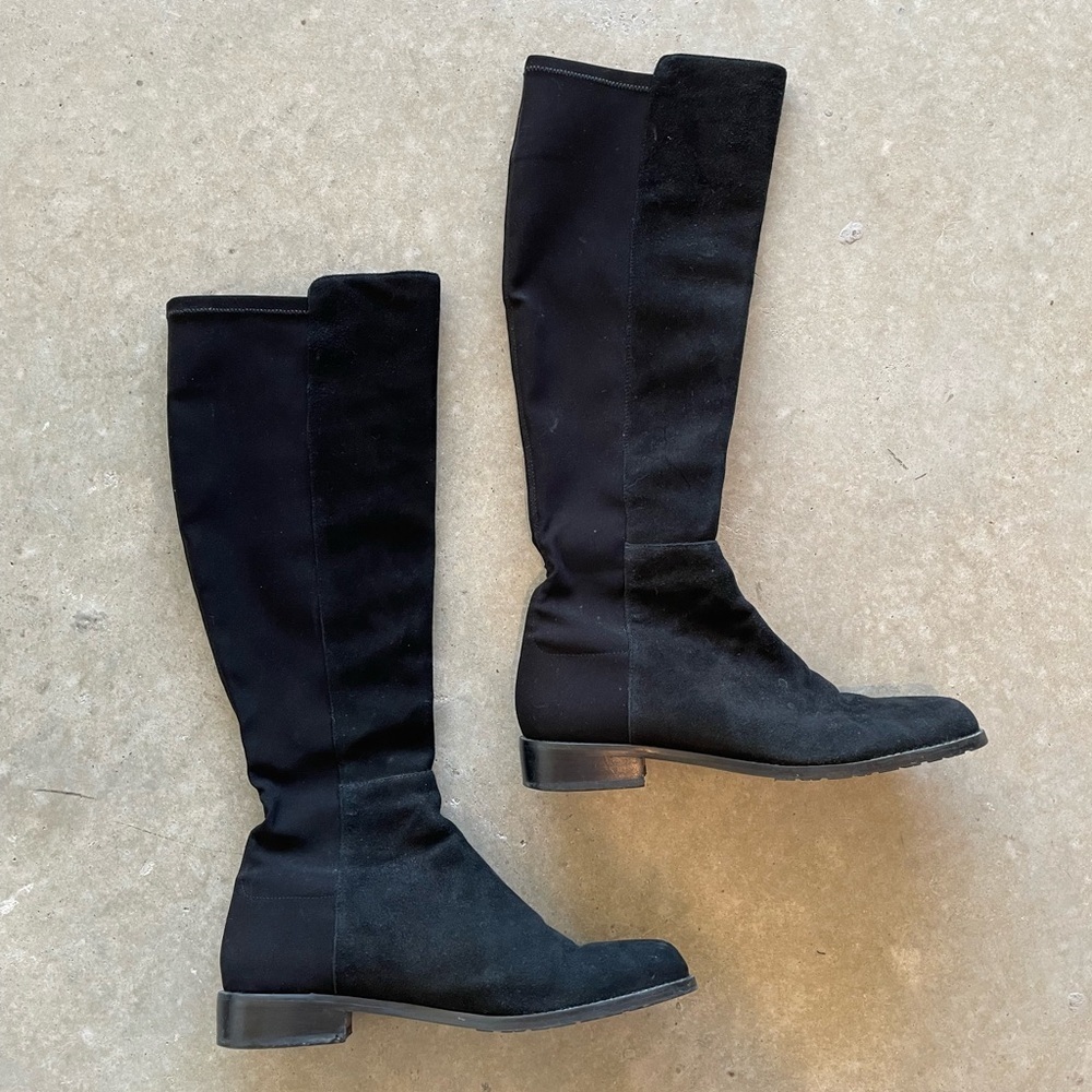 Stuart Weitzman Black Knee High Boots Women’s 6.5 Stretch Suede Low Heel $765